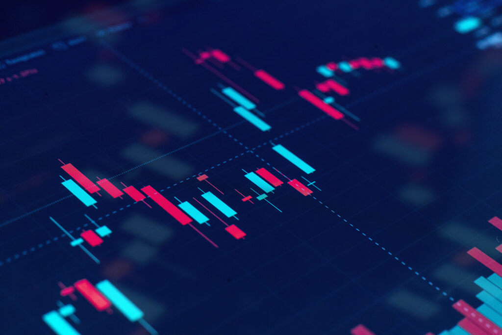 Abstract data visualization with candlestick charts and trend lines representing customer behavior patterns and churn analysis