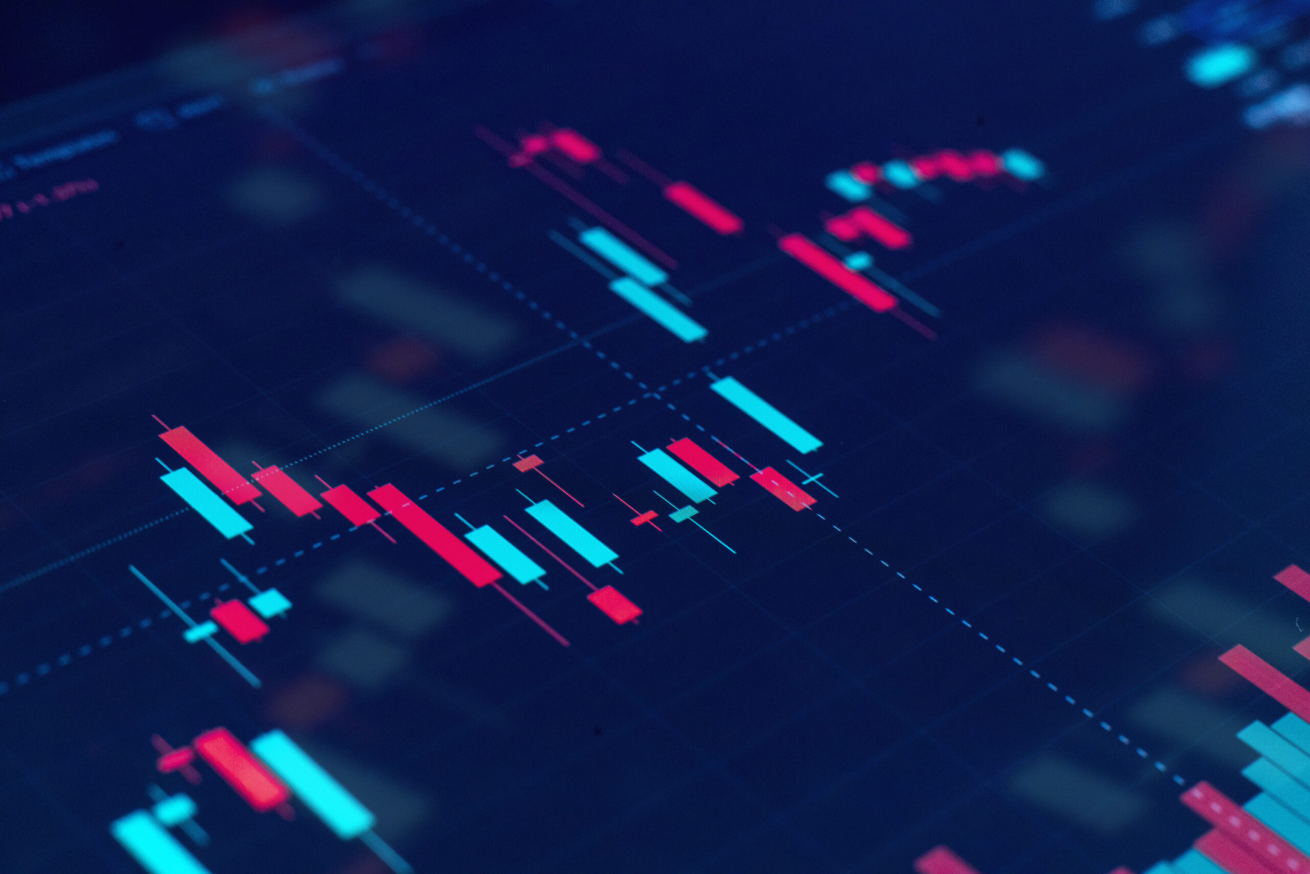 Abstract data visualization with candlestick charts and trend lines representing customer behavior patterns and churn analysis