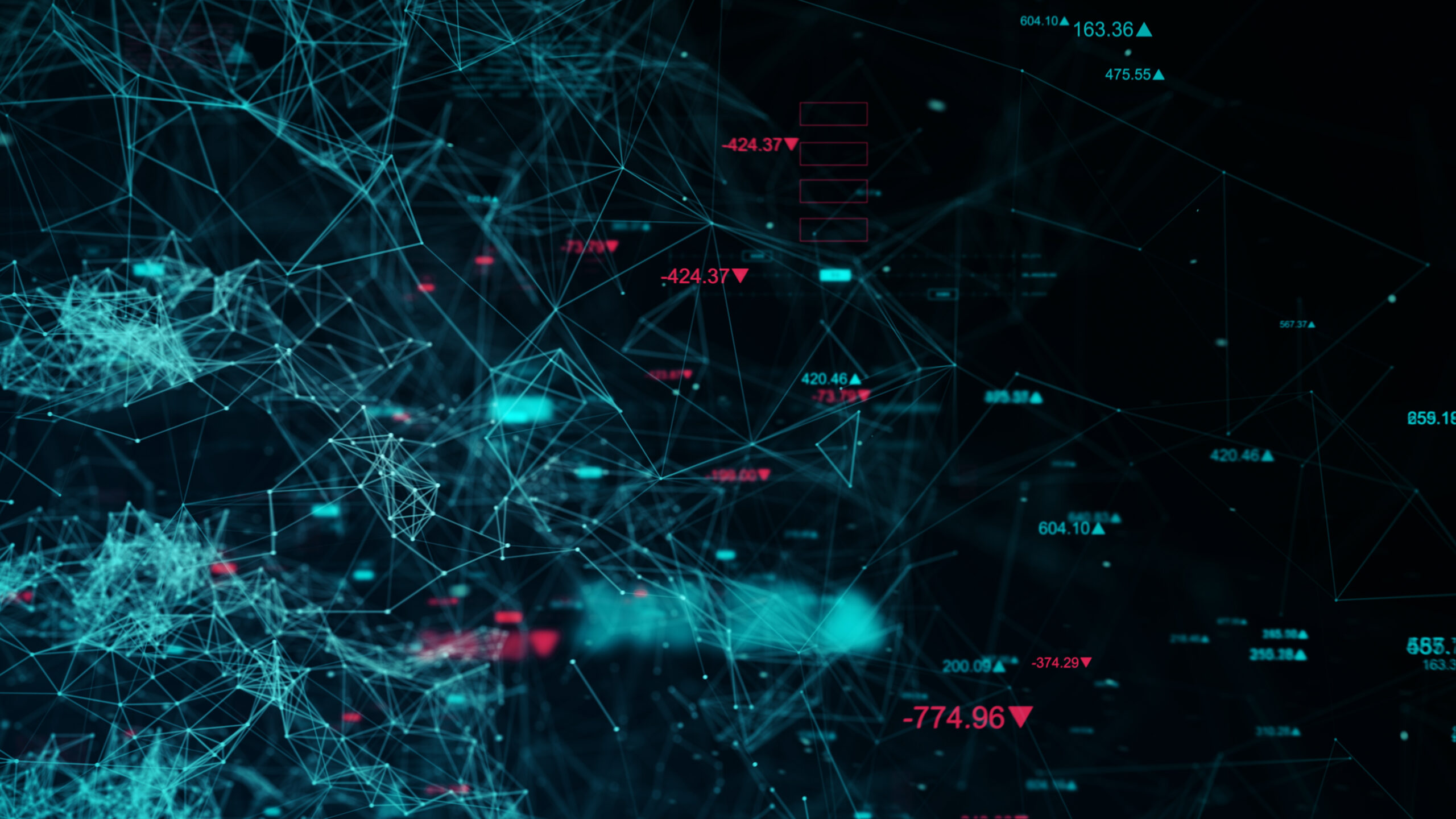 Abstract data network with connected nodes and digital metrics representing AI-driven analytics and predictive modeling