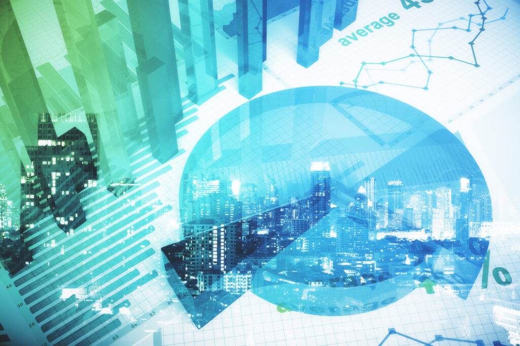 Abstract financial data visualization featuring charts, graphs, and city architecture representing predictive analytics and revenue forecasting.