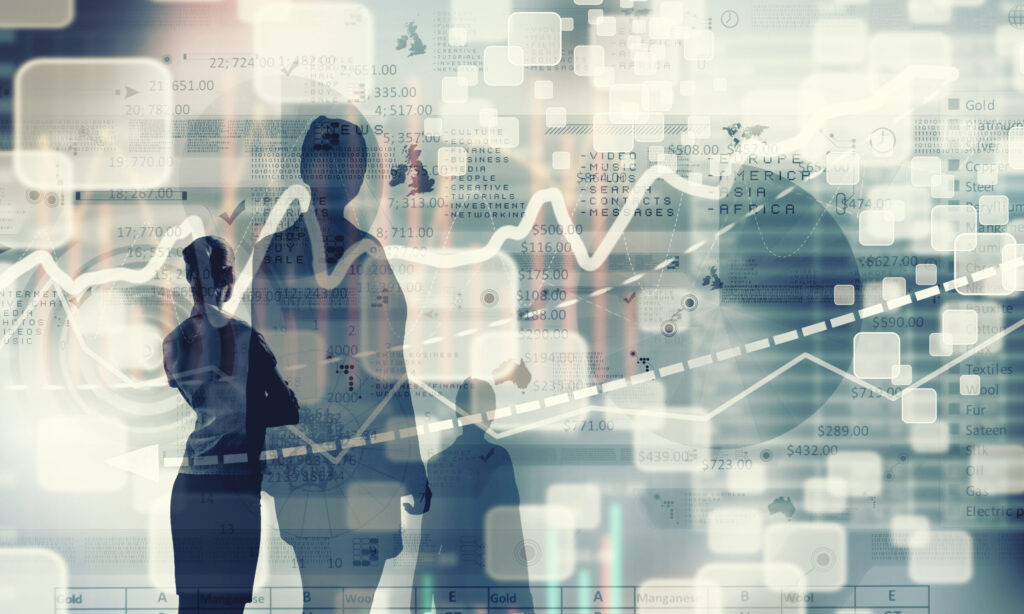 Abstract business data visualization with layered analytics charts, revenue metrics, and digital market trends representing AI-driven revenue intelligence